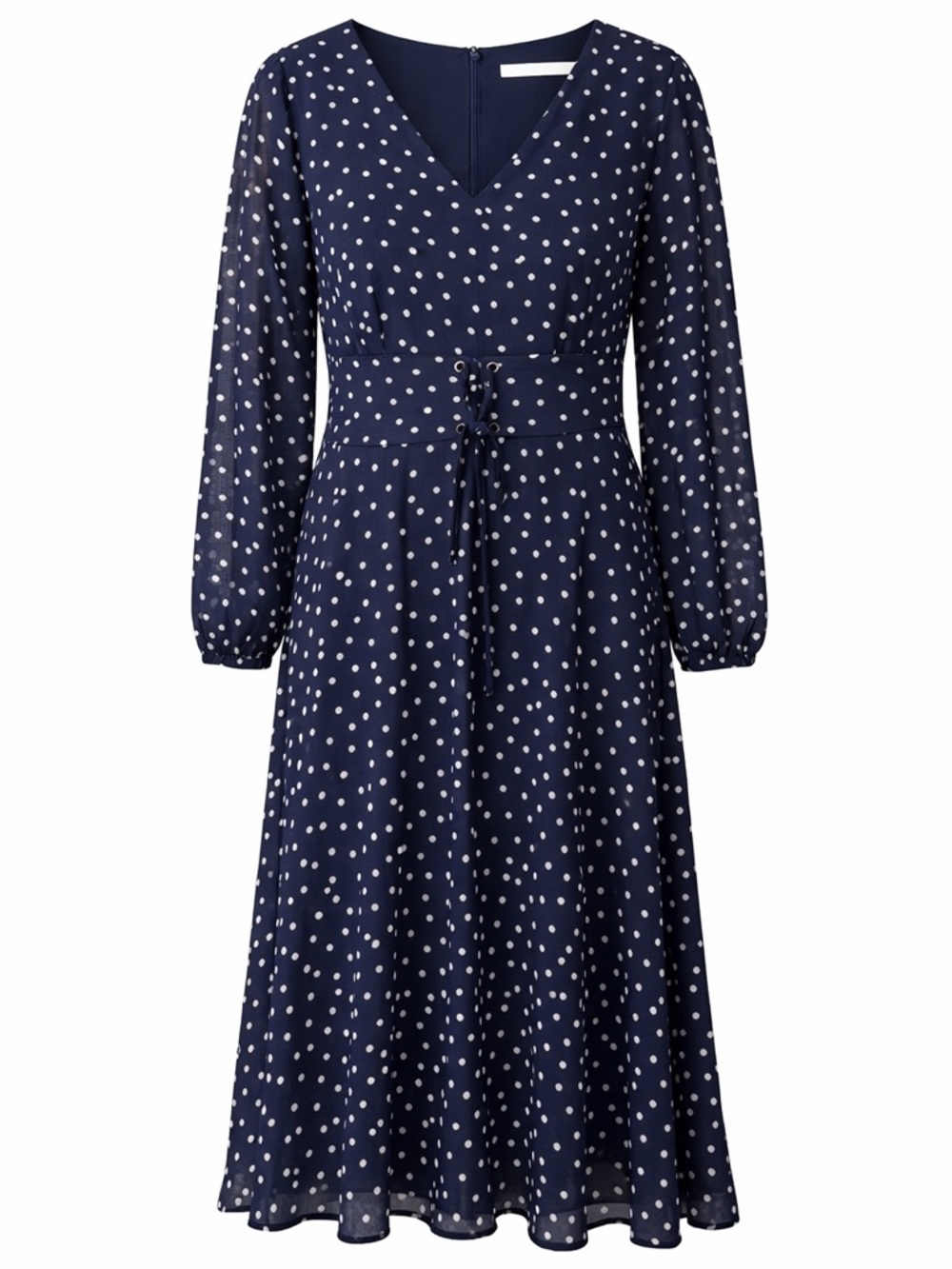 Lulus Navy Blue Polka Dot Dress | Sheer Sleeve Tie Waist Midi | XL
